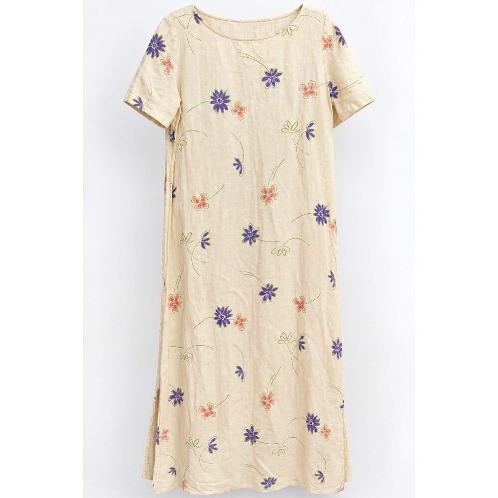 VTG 90s Russ Berens Linen Maxi Dress M Floral Cottagecore Boho USA Prairie C22
